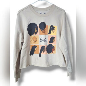 Barbie Womens Cropped Sweatshirt Long Sleeve Graphic Hairstyles Oatmeal Color